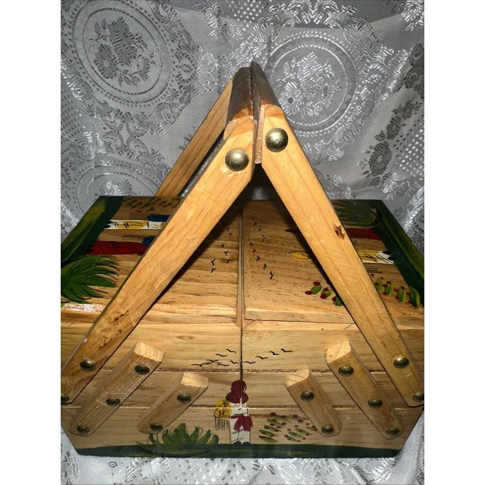 VTG Wood Fold-Out Sewing Box Hand Painted Mexico Double Handle Small 3 Tier